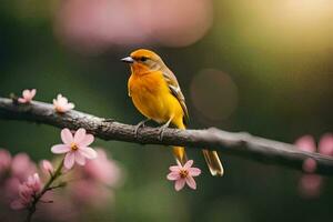 a small orange bird sits on a branch with pink flowers. AI-Generated photo