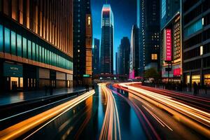 un ciudad calle a noche con tráfico luces. generado por ai foto