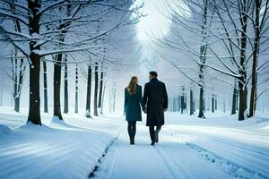 a man and woman walking in the snow. AI-Generated photo