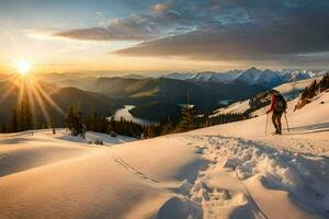 un persona excursionismo en un Nevado montaña a puesta de sol. generado por ai foto