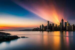 the city skyline at sunset with light beams coming from the sky. AI-Generated photo