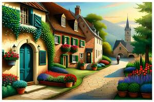 a painting of a street with flowers and houses. AI-Generated photo