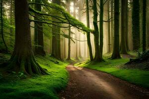 a path through a green forest with trees and sunlight. AI-Generated photo