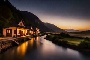 a house sits on the side of a river at sunset. AI-Generated photo