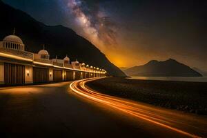 un largo exposición foto de un la carretera y edificios a noche. generado por ai