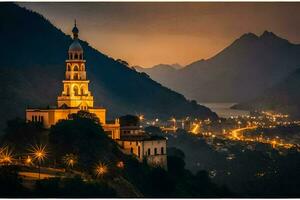 un Iglesia en parte superior de un colina en el montañas. generado por ai foto