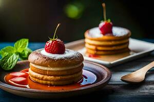 pancakes with strawberries and syrup on a wooden table. AI-Generated photo