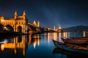 boats docked on the water at night with a bridge in the background. AI-Generated photo