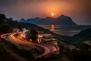 the sun sets over a mountain and a road. AI-Generated photo