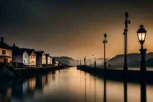 a long row of houses along the water at dusk. AI-Generated photo