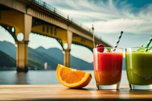 two glasses of juice with a bridge in the background. AI-Generated photo