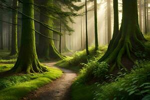 un camino mediante un verde bosque con arboles generado por ai foto