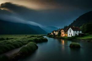 a house sits on the edge of a river in the middle of a field. AI-Generated photo