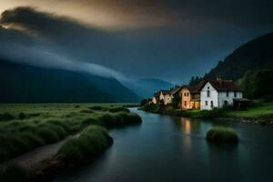 un casa se sienta en el borde de un río en el medio de un campo. generado por ai foto