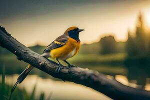 a bird sitting on a branch near a lake. AI-Generated photo