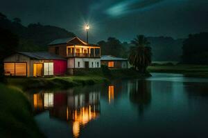 a house sits on the edge of a lake at night. AI-Generated photo