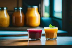 two glasses of juice on a table. AI-Generated photo