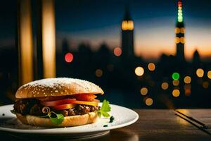 a burger on a plate with a cityscape in the background. AI-Generated photo