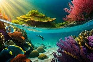 the sun shines over a coral reef and fish. AI-Generated photo