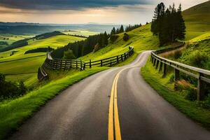 road in the countryside with a fence and grass. AI-Generated photo