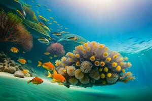 submarino escena con coral y pez. generado por ai foto