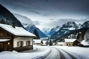 a snowy road in front of a mountain village. AI-Generated photo