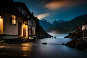 a house sits on the shore of a lake at night. AI-Generated photo