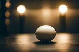 a white ball sits on a table in front of two candles. AI-Generated photo