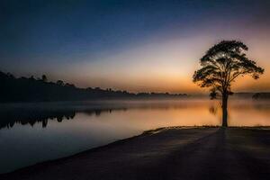 un solitario árbol soportes en el apuntalar de un lago a puesta de sol. generado por ai foto