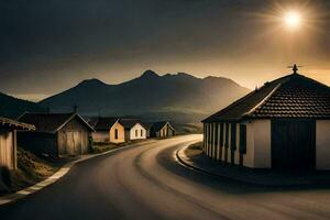 a long exposure photograph of a road with houses and mountains in the background. AI-Generated photo