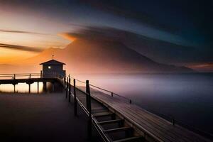 a pier with a mountain in the background. AI-Generated photo