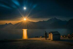 a man stands in front of a hut on the shore of a lake at sunset. AI-Generated photo