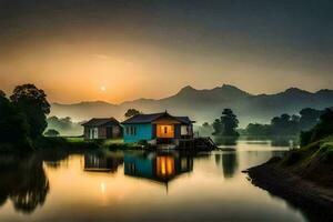 a house on the water at sunset with mountains in the background. AI-Generated photo