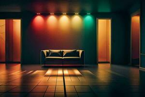 a room with a couch and colorful lights. AI-Generated photo