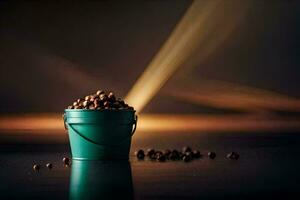 a bucket filled with coffee beans on a table. AI-Generated photo