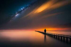 a man stands on a pier looking at the sky. AI-Generated photo