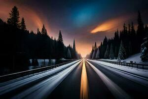 a long exposure photograph of a snowy road. AI-Generated photo