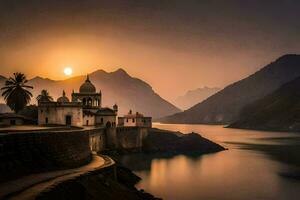 a church sits on the shore of a lake at sunset. AI-Generated photo
