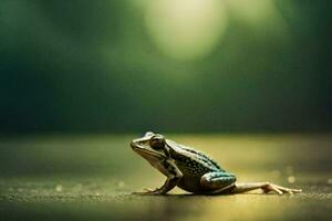 a frog sitting on the ground in front of a green background. AI-Generated photo