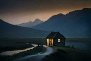 a small house sits on the side of a road in front of a mountain. AI-Generated photo