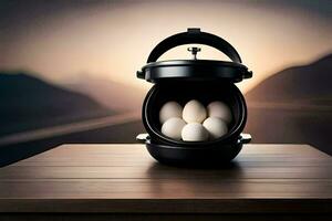 an egg in an open container on a table. AI-Generated photo