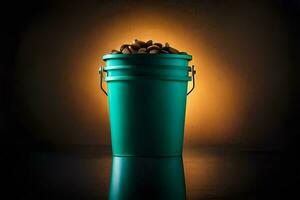 a green bucket filled with nuts on a black background. AI-Generated photo