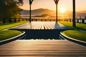 a wooden walkway leads to a lake at sunset. AI-Generated photo