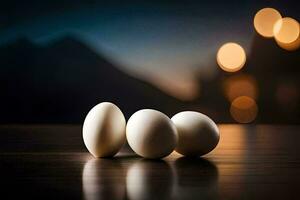 Tres huevos en un mesa con borroso antecedentes. generado por ai foto