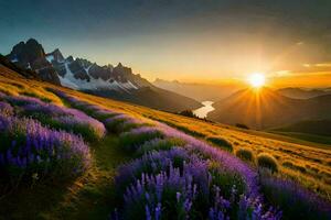 the sun rises over lavender fields in the mountains. AI-Generated photo