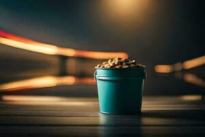 a bucket of peanuts sitting on a table in front of a blurry background. AI-Generated photo