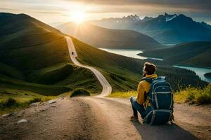 a man with a backpack sitting on the side of a road looking at the mountains. AI-Generated photo