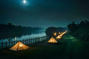 un fila de carpas en el apuntalar de un río a noche. generado por ai foto