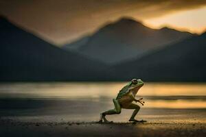 a frog is standing on the beach at sunset. AI-Generated photo