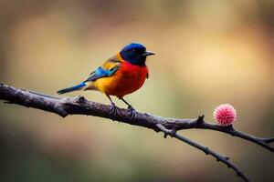 a colorful bird sits on a branch with a pink flower. AI-Generated photo